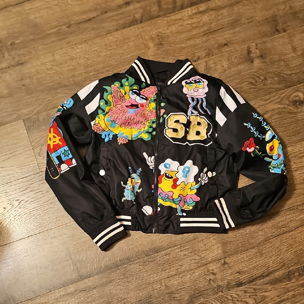 SpongeBob SquarePants Jacket Black Bomber Kids 10 - 12 Cartoon Lightweight